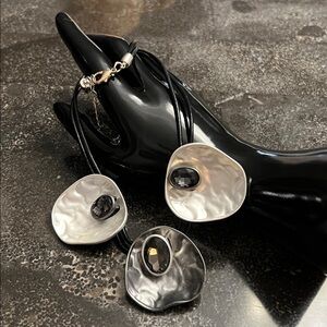 Statement Necklace Stainless Steele with Leather & Smoky Stones